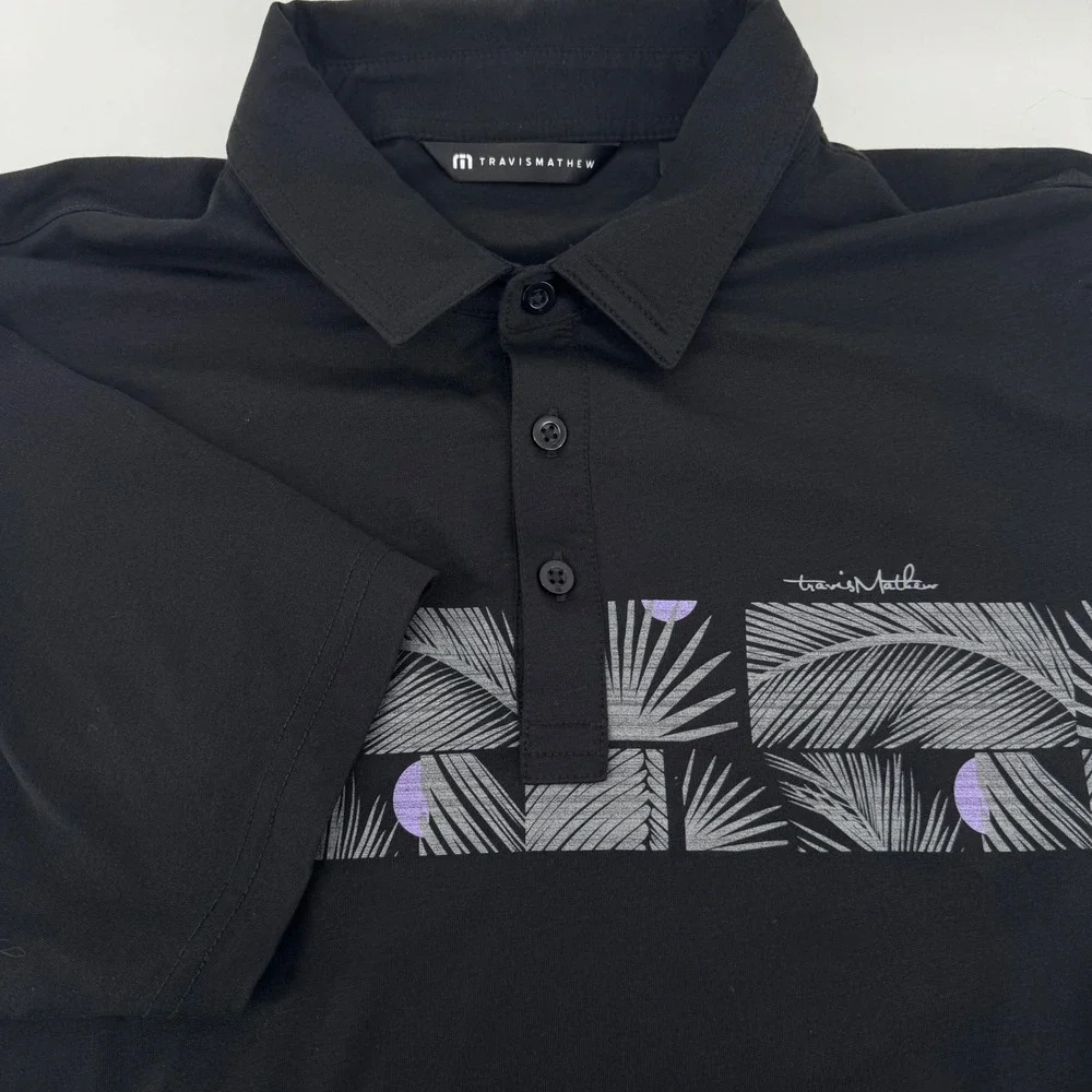TravisMathew Mens Large Black Palm Leaf Graphic Short Sleeve Performance Polo